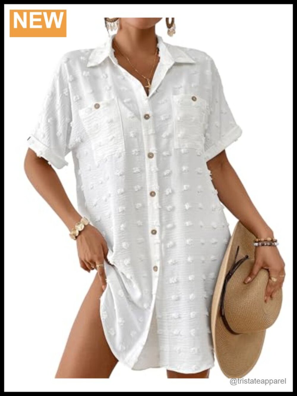 Women Swiss Dot Button Down Shirt Cover Up Beach Dress with Pockets
